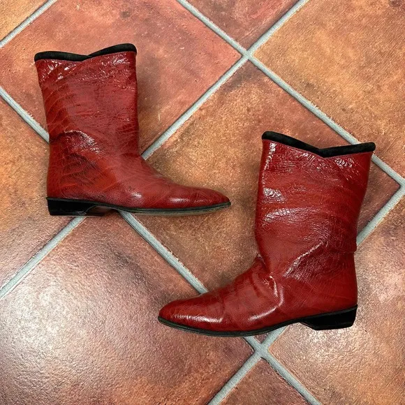 Maud Frizon Red Crocodile Pattern Pointed Toe Western Boots Size EU 36