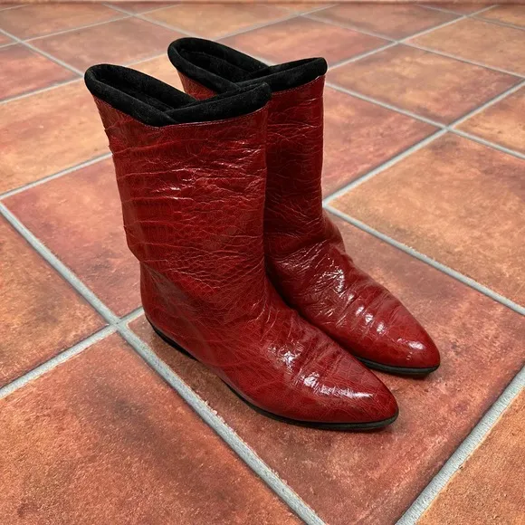 Maud Frizon Red Crocodile Pattern Pointed Toe Western Boots Size EU 36