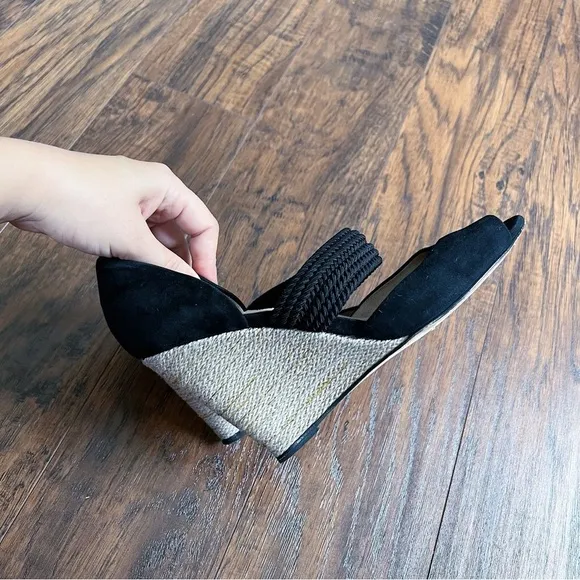 Max Mara • d'orsay wedge heels black suede braided jute open toe sandal