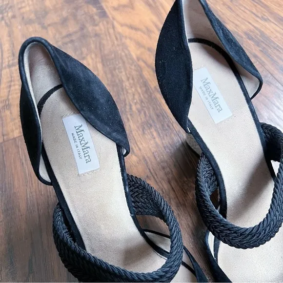 Max Mara • d'orsay wedge heels black suede braided jute open toe sandal