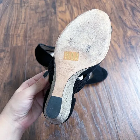 Max Mara • d'orsay wedge heels black suede braided jute open toe sandal