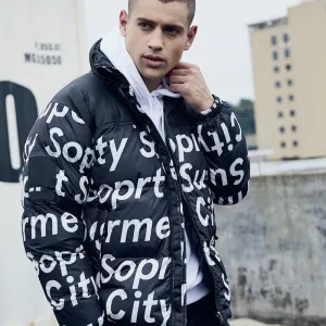 Men's Black Hip-Hop Print Winter Jacket