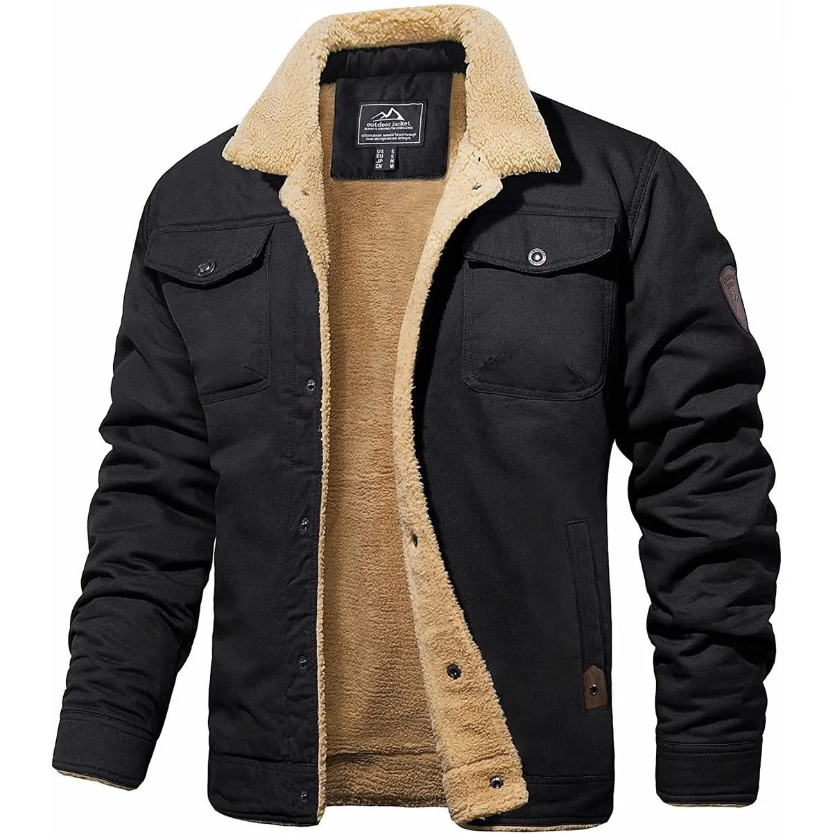Men's Black Sherpa-Lined Military Winter Jacket - Thermal Insulated