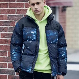 Men's Blue Hip-Hop Print Winter Jacket