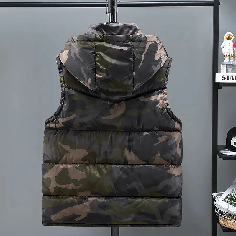 Men’s Camouflage Hooded Down Vest – Windproof & Warm Sleeveless Jacket