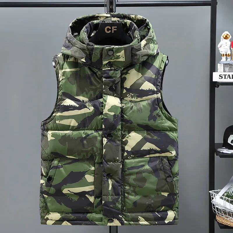 Men’s Camouflage Hooded Down Vest – Windproof & Warm Sleeveless Jacket