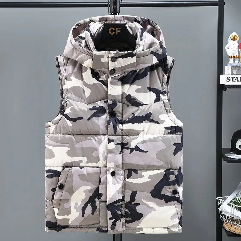 Men’s Camouflage Hooded Down Vest – Windproof & Warm Sleeveless Jacket