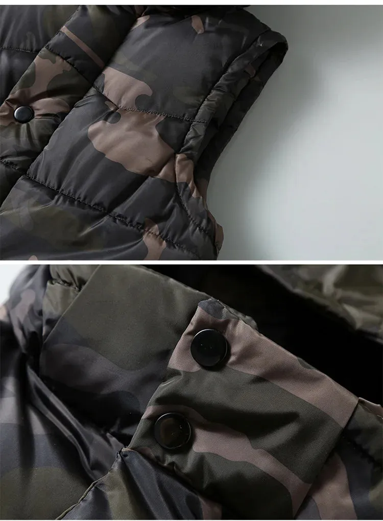 Men’s Camouflage Hooded Down Vest – Windproof & Warm Sleeveless Jacket