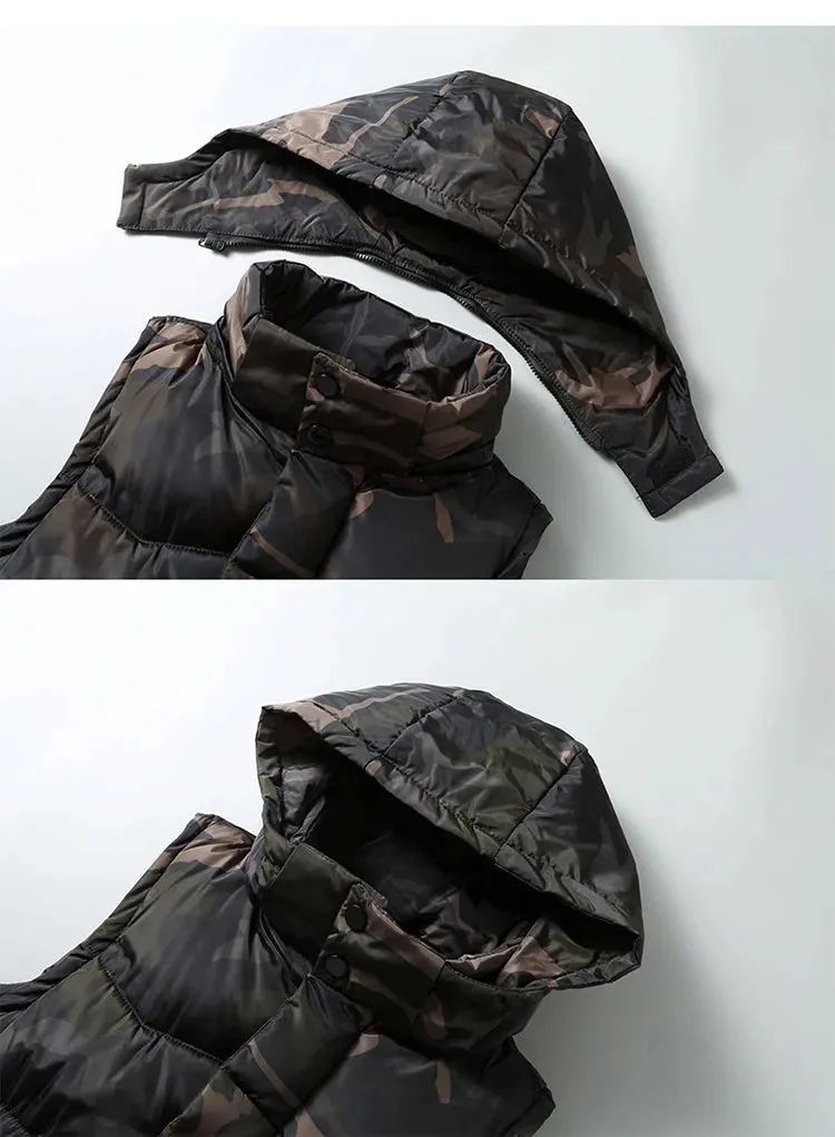 Men’s Camouflage Hooded Down Vest – Windproof & Warm Sleeveless Jacket