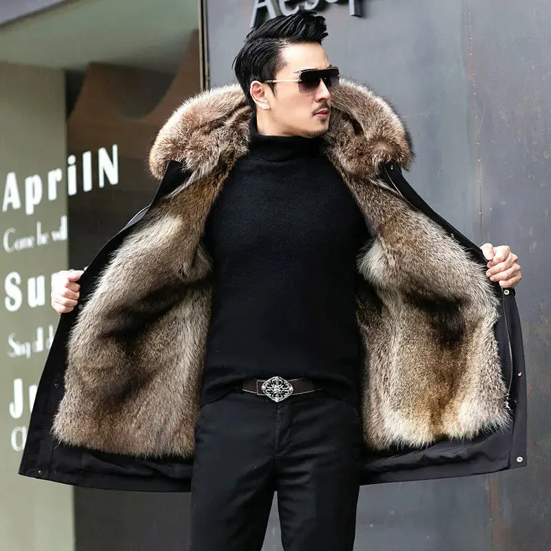 Men’s Fur-Lined Coat – Hooded – Insulated – Mid-Length – Stylish Cold Weather Wear