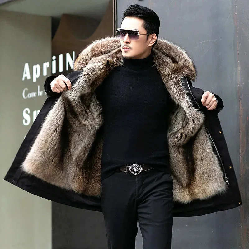 Men’s Fur-Lined Coat – Hooded – Insulated – Mid-Length – Stylish Cold Weather Wear