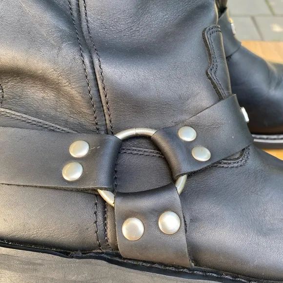 Men’s Harness Leather Pull Up SquareToe Moto Boots,Waterproof Mid Calf,Blk,SZ 10