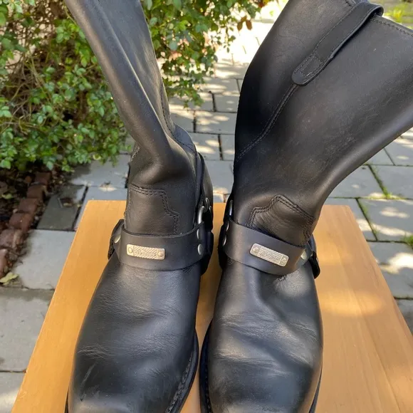 Men’s Harness Leather Pull Up SquareToe Moto Boots,Waterproof Mid Calf,Blk,SZ 10