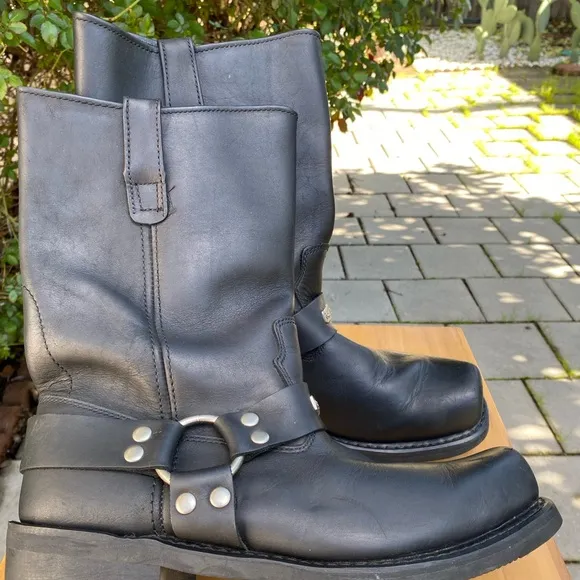 Men’s Harness Leather Pull Up SquareToe Moto Boots,Waterproof Mid Calf,Blk,SZ 10