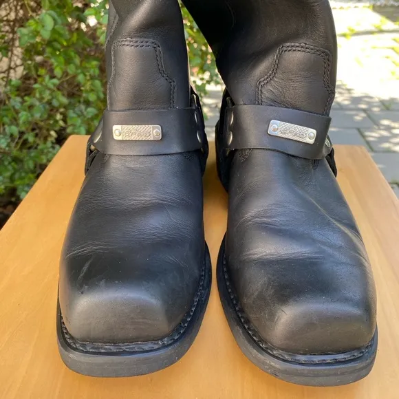 Men’s Harness Leather Pull Up SquareToe Moto Boots,Waterproof Mid Calf,Blk,SZ 10