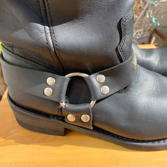 Men’s Harness Leather Pull Up SquareToe Moto Boots,Waterproof Mid Calf,Blk,SZ 10
