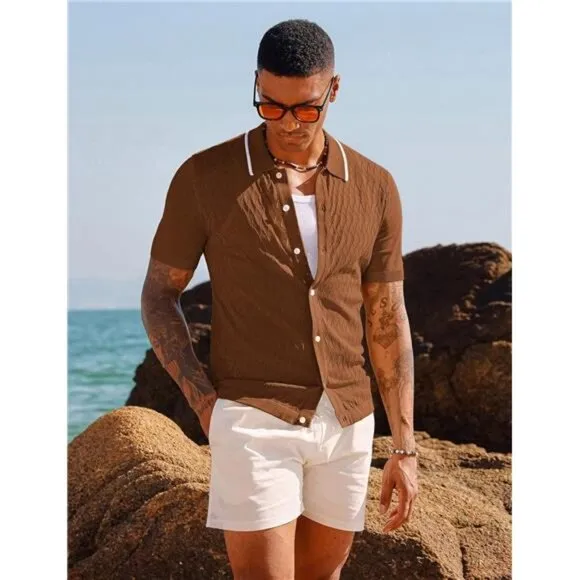 Men's Knit Button Down Shirts Vintage Coffee