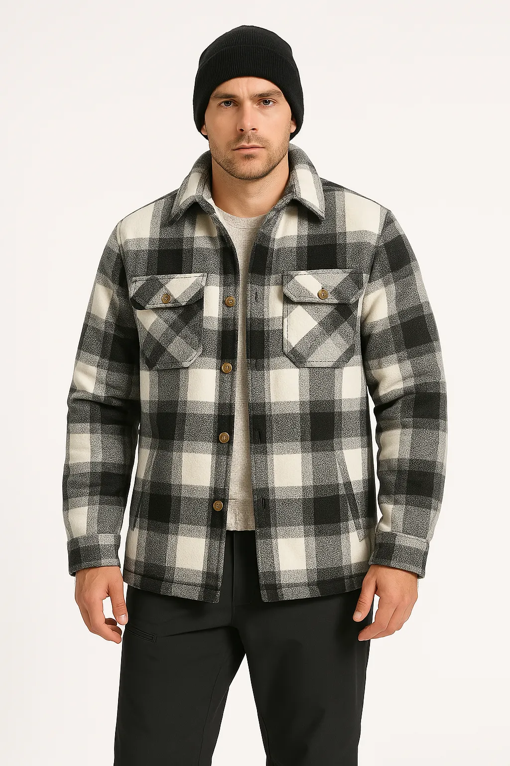 Men’s Sherpa-Lined Flannel Jacket – Warm Button-Up Plaid Overshirt with Pockets