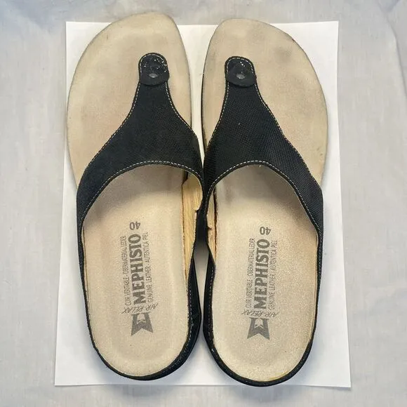 Mephisto Agacia Sandals Leather Flip Flops Thongs Cork Black Women 10