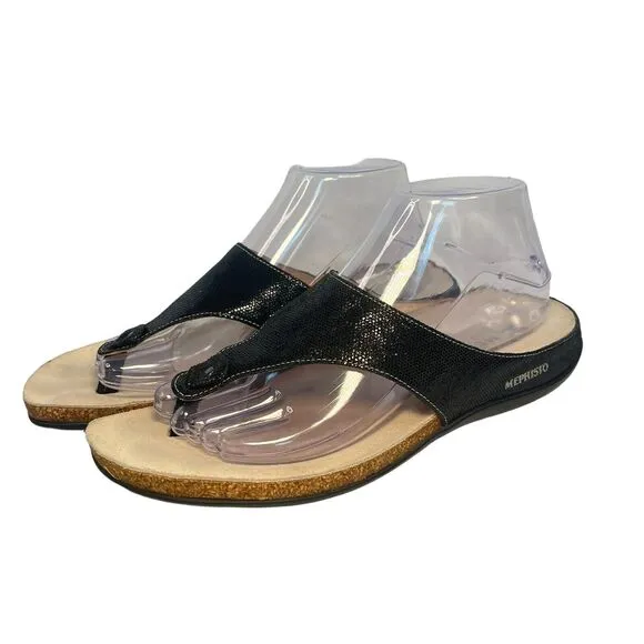 Mephisto Agacia Sandals Leather Flip Flops Thongs Cork Black Women 10