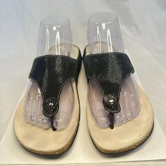Mephisto Agacia Sandals Leather Flip Flops Thongs Cork Black Women 10