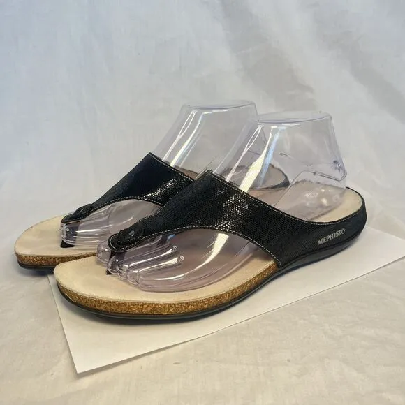 Mephisto Agacia Sandals Leather Flip Flops Thongs Cork Black Women 10