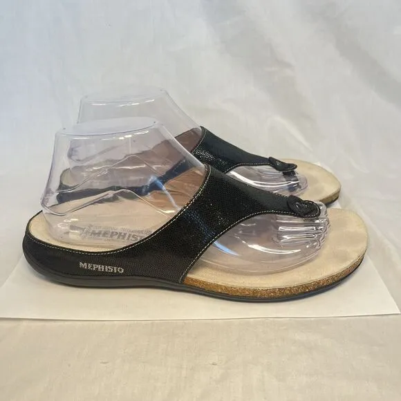 Mephisto Agacia Sandals Leather Flip Flops Thongs Cork Black Women 10