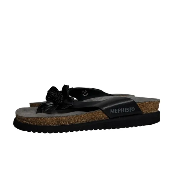 Mephisto Air Relax Leather Thong Flower Flip Flop Sandals Black Womens 40 US 10