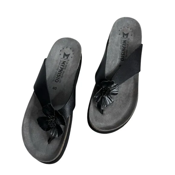 Mephisto Air Relax Leather Thong Flower Flip Flop Sandals Black Womens 40 US 10