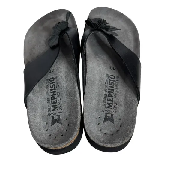 Mephisto Air Relax Leather Thong Flower Flip Flop Sandals Black Womens 40 US 10