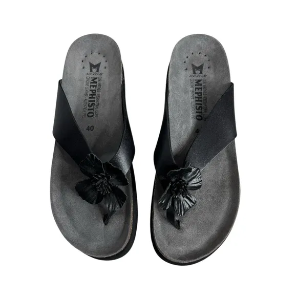 Mephisto Air Relax Leather Thong Flower Flip Flop Sandals Black Womens 40 US 10