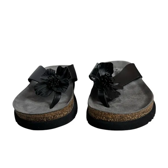 Mephisto Air Relax Leather Thong Flower Flip Flop Sandals Black Womens 40 US 10