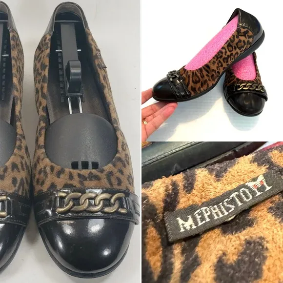 Mephisto Ballet Flats Brown Cheetah Leather Cap toe 7.5 slip ons animal Preppy