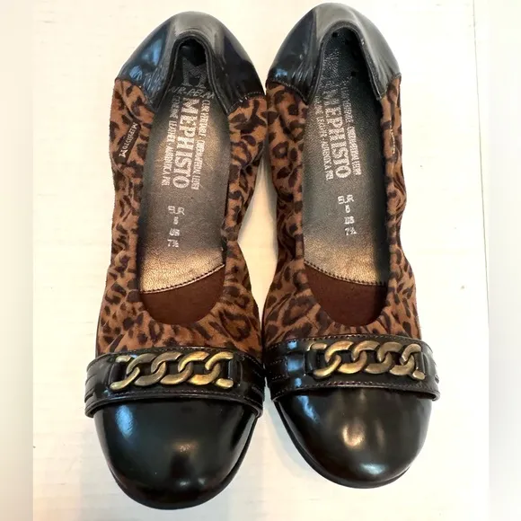 Mephisto Ballet Flats Brown Cheetah Leather Cap toe 7.5 slip ons animal Preppy
