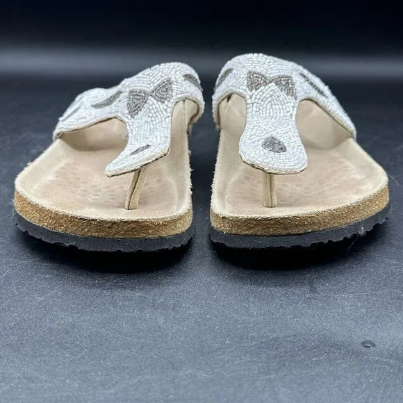 Mephisto Womens Sandals Beaded‎ Thong  Sz 38 8-8.5 White Flat Slip On Flip Flop