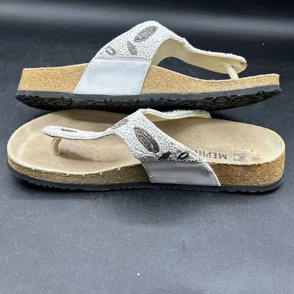 Mephisto Womens Sandals Beaded‎ Thong  Sz 38 8-8.5 White Flat Slip On Flip Flop