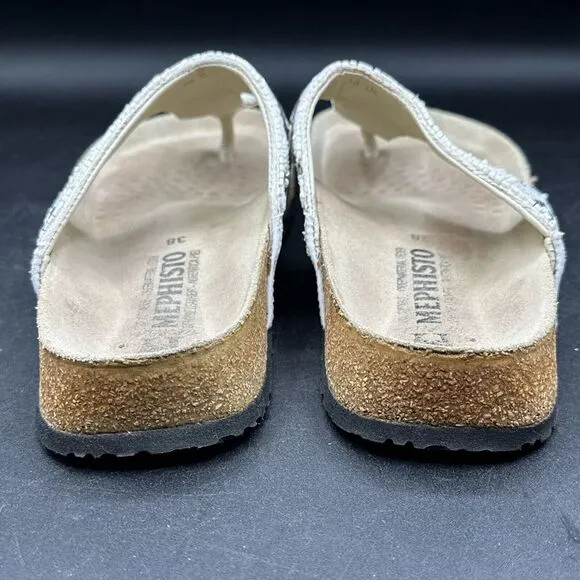 Mephisto Womens Sandals Beaded‎ Thong  Sz 38 8-8.5 White Flat Slip On Flip Flop