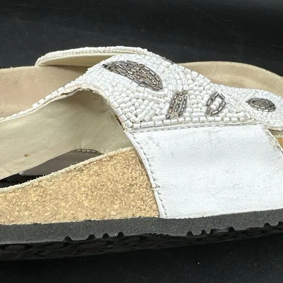 Mephisto Womens Sandals Beaded‎ Thong  Sz 38 8-8.5 White Flat Slip On Flip Flop