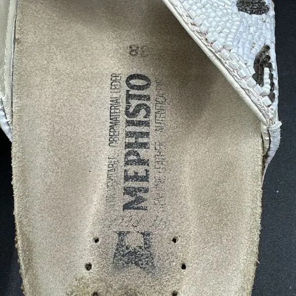 Mephisto Womens Sandals Beaded‎ Thong  Sz 38 8-8.5 White Flat Slip On Flip Flop