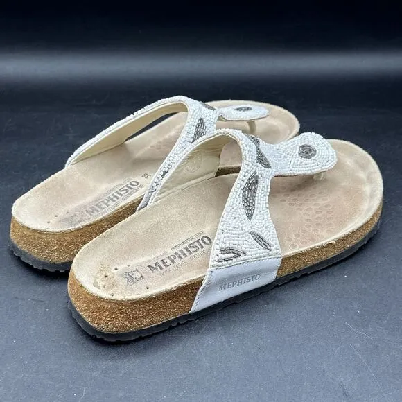 Mephisto Womens Sandals Beaded‎ Thong  Sz 38 8-8.5 White Flat Slip On Flip Flop