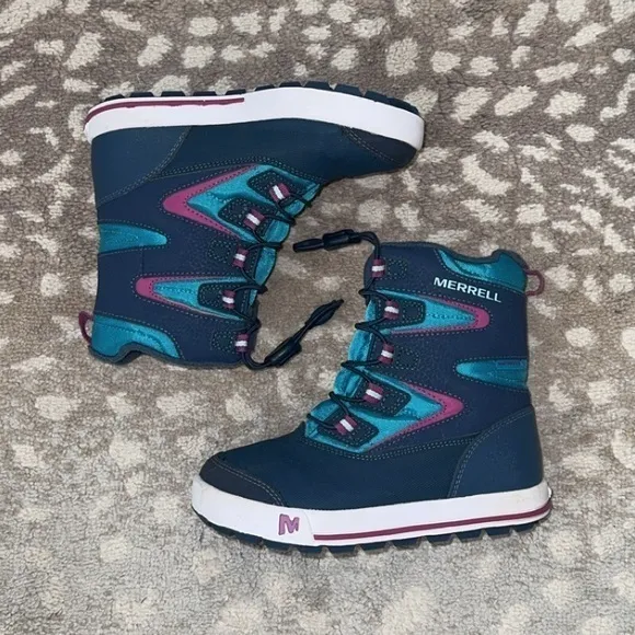 Merrell Kids Snow Bank 3.0 Waterproof Navy Blue Teal Pink Winter Boots Size 12‎