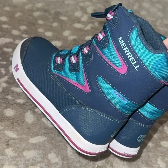 Merrell Kids Snow Bank 3.0 Waterproof Navy Blue Teal Pink Winter Boots Size 12‎