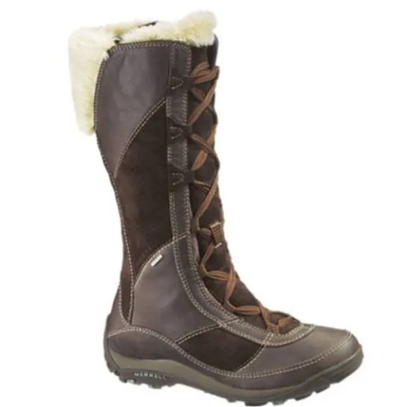 Merrell Prevoz Waterproof Brown Leather Fur Lace Zip Boots size 8.5