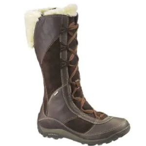 Merrell Prevoz Waterproof Brown Leather Fur Lace Zip Boots size 8.5