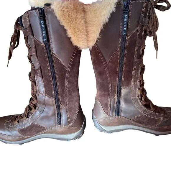 Merrell Prevoz Waterproof Brown Leather Fur Lace Zip Boots size 8.5