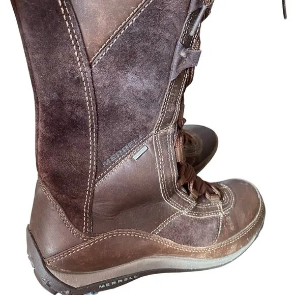 Merrell Prevoz Waterproof Brown Leather Fur Lace Zip Boots size 8.5