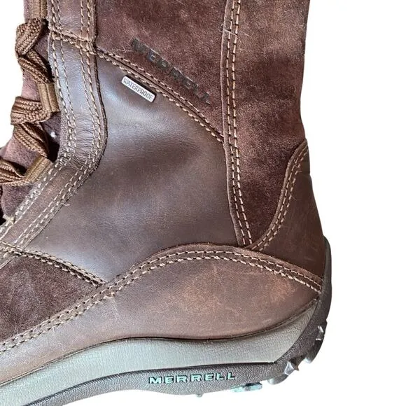 Merrell Prevoz Waterproof Brown Leather Fur Lace Zip Boots size 8.5