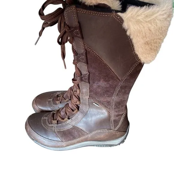 Merrell Prevoz Waterproof Brown Leather Fur Lace Zip Boots size 8.5