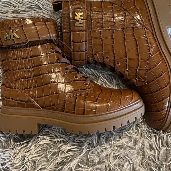 Michael Kors Brown Ankle Boots with Croc-Embossed Leather