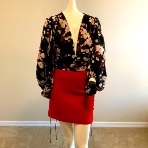 Michael Kors Collection Red wool Mini Skirt 6 NWT leather lace down sides